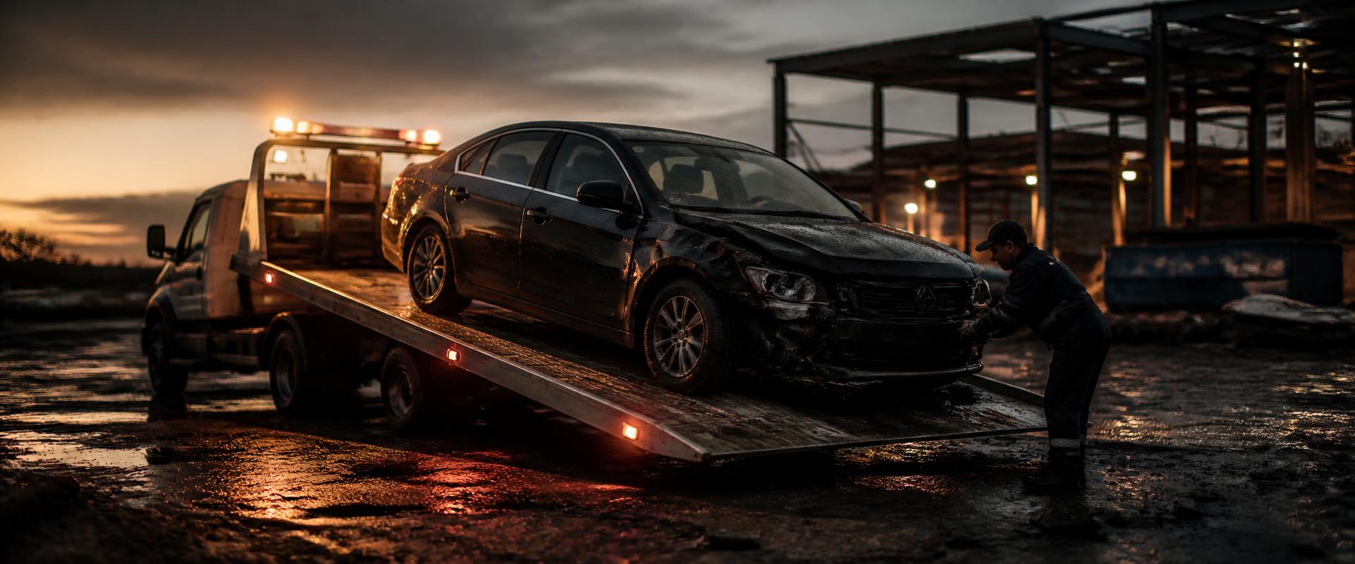 Damaged car being loaded onto a tow truck at the yard